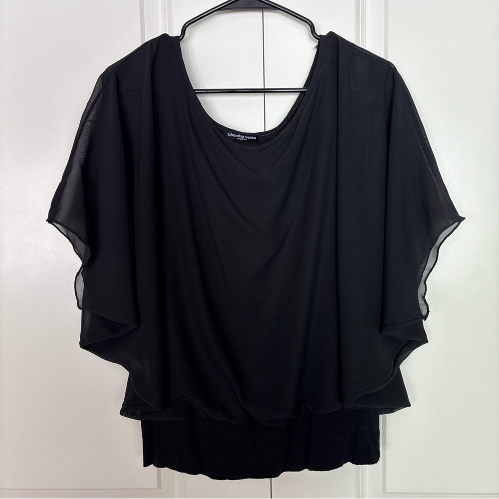 Cha Cha Venta Black Sheer Dolman Sleeve Top with Built-in Stretchy Tank Size M